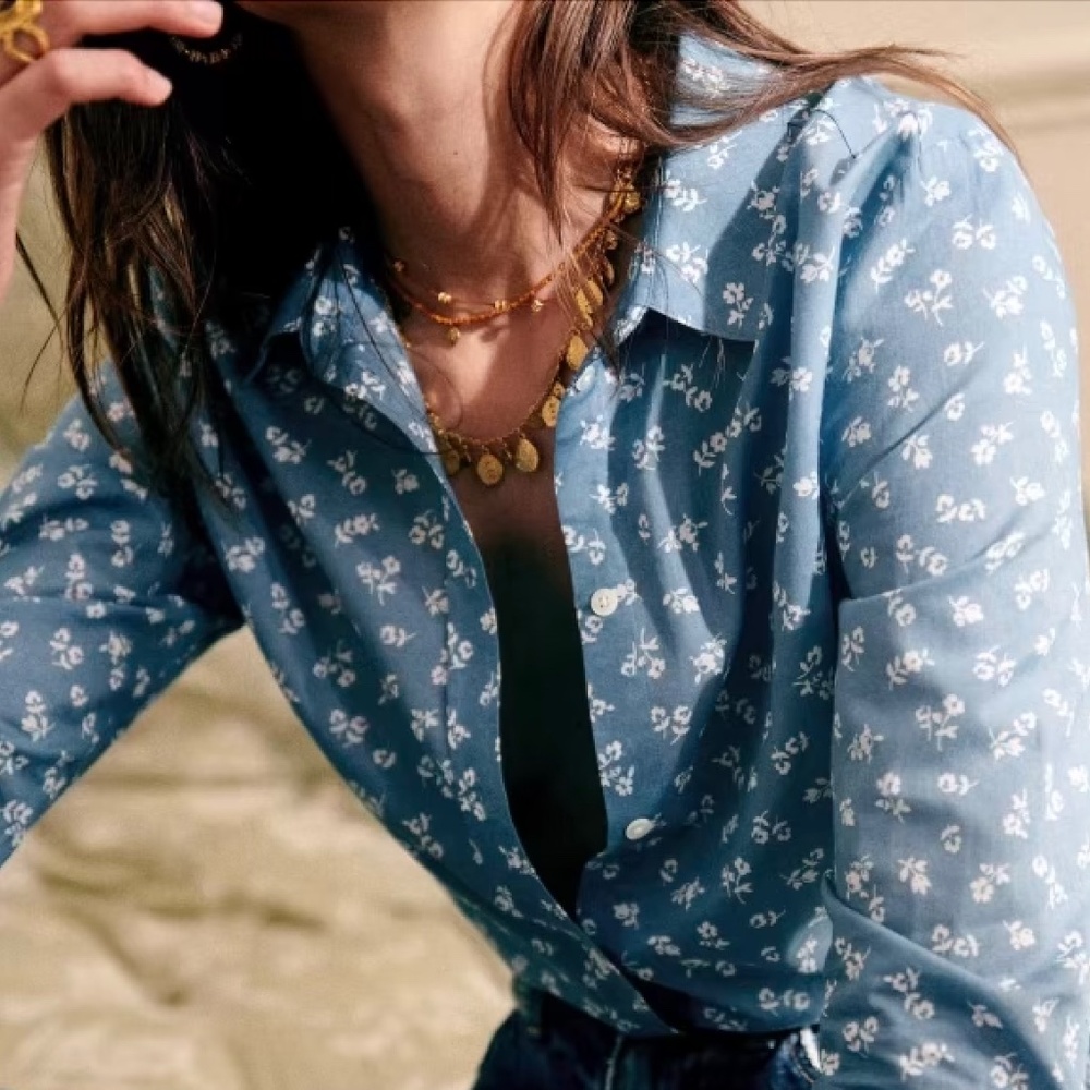 Sezane Ann Blue & Ecru Mini Flowers Shirt -- Size 10 US / 42 FR
